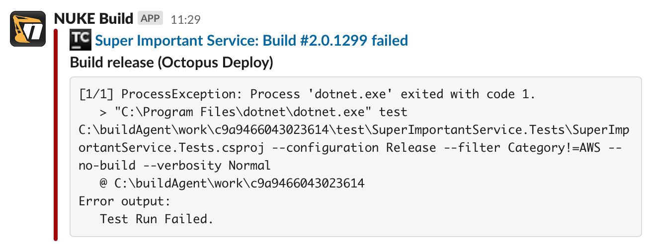 A failure notification in Slack